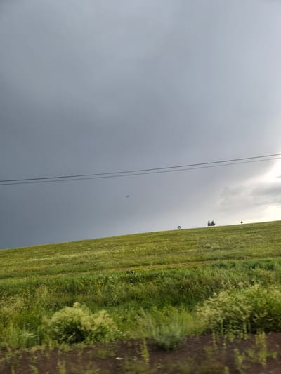 The image depicts a vast, rolling green hill under a dramatic, overcast sky. The sky is a gradient of grays, with a darker, ominous storm cloud dominating the left side and a brighter, sunlit area peeking through on the right. Two thin, black power lines stretch horizontally across the upper portion of the frame, seemingly unsupported.
The hill itself is covered in lush green grass, dotted with small, pale wildflowers. The texture of the grass suggests it is a meadow or pasture. A few scattered trees, appearing small in the distance, punctuate the crest of the hill. The foreground shows a blurred band of darker earth and vegetation, indicating the viewpoint is from a moving vehicle or a slightly elevated position.
The overall atmosphere is one of natural beauty mixed with a sense of impending weather change, typical of open rural landscapes. The location in Verkh-Chita, Russia, suggests a natural, undeveloped setting. There are no people or animals visible in the image. The scene is static and serene, with the only hint of movement being the blurred foreground.