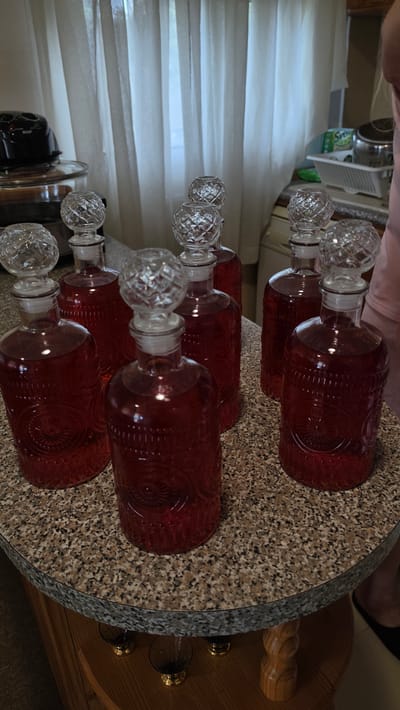 The image displays a collection of seven decorative glass bottles filled with a red liquid, arranged on a speckled granite countertop. The bottles have ornate embossed patterns on their sides and clear, faceted stoppers. In the background, sheer white curtains hang, suggesting an indoor setting. To the left, a black appliance with a metallic lid is partially visible. Below the countertop, several small, dark glasses with gold bases are arranged on a wooden surface. The scene appears to be a domestic setting, potentially a kitchen or dining area, in Rogachevo, Bulgaria. No individuals are clearly depicted within the frame, though a portion of a person's leg and clothing is visible at the far right edge.