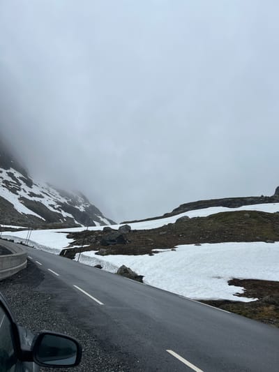 This media file is a photograph taken from the perspective of someone in a vehicle, looking out towards a mountain landscape. The scene is dominated by a paved road with white lane markings, curving into the distance. To the left of the road, a steep, rocky mountainside is visible, partially covered in snow and patches of green vegetation. The sky is overcast with thick clouds, creating a diffused light and a somewhat somber atmosphere.
The mountainside appears rugged and dramatic, with sheer rock faces and areas where snow has accumulated in drifts and patches. In some areas, the snow is melting, forming icicles or dripping down the rocks. The presence of snow suggests a high-altitude location, possibly in mountainous terrain, and a time of year where snow is still present. The road itself is in good condition, with a visible white line dividing the lanes, indicating it is likely a well-maintained route.
On the right side of the image, a side mirror of the vehicle is visible, framing a portion of the road and the landscape. This confirms the viewpoint is from inside a car. The overall impression is one of a scenic drive through a dramatic and somewhat desolate mountain environment. The weather appears cool and possibly damp, given the overcast sky and the presence of snow. There is no visible text in the image. The scene evokes a sense of quiet observation and appreciation for the natural beauty of the mountainous terrain.