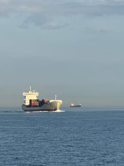 This media file captures a scene of several cargo ships at sea. The image is oriented vertically, with the ocean dominating the right side and a hazy sky on the left. The main subject is a large, modern container ship in the foreground, its white superstructure and stacked cargo containers clearly visible. It is sailing on a calm, blue sea, leaving a faint wake.

Behind the main vessel, another, smaller ship is visible further in the distance. Even further back, the outline of a third, very distant ship can be seen. The sky is a pale, hazy blue, suggesting a possibly overcast or foggy day, or perhaps early morning or late evening light. The water appears choppy with a consistent texture, indicating a steady breeze.

There is no visible text in the image. The overall mood is one of movement and commerce on the open water. The time of day is not clearly discernible but the light quality suggests it is not the middle of the day. The setting is clearly at sea, likely in an area with shipping traffic.