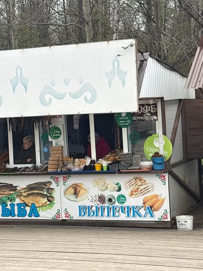 An outdoor food stall, likely a kiosk, is depicted in Nizhnie Yaki, Russia, under an overcast sky with bare tree branches visible in the background, suggesting a cooler season. The kiosk is constructed from wood and corrugated metal, with a white awning featuring light blue decorative patterns.
Inside the kiosk, a person, possibly an attendant, is partially visible, working. The stall displays various signs advertising its offerings. One prominent sign features images of shawarma/doner wraps and corn dogs, with the Cyrillic text "ВЫПЕЧКА" (Baked goods/Pastries) and a "ХАЛЯЛЬ" (Halal) logo in both Arabic and Cyrillic. Below this, another section of the sign shows images of various fish and the word "РЫБА" (Fish).
Other signs on the kiosk include "КОФЕ ЗЕРНОВОЕ" (Bean Coffee) above a window. Several green circular signs with the logo of "СБЕРБАНК" (Sberbank), a Russian bank, are displayed. One such sign reads "ОПЛАТИ В ОДНО КАСАНИЕ" (Pay in one touch), indicating contactless payment options. Another "ХАЛЯЛЬ" sign is visible near the top left inside the kiosk. A small white cup labeled "Gudberg" is placed on a wooden beam. A blue bucket hangs from a beam, and various packaged items and snacks are visible inside the stall. The overall impression is of a small, functional food and drink vendor.