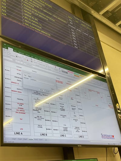The image depicts an operational control area within a facility in 's-Hertogenbosch, Netherlands. Two large digital displays are mounted, showing logistical and inventory management data.
The upper display presents a manifest dated "Thu Mar 14 2026 • 12:44:14". It lists "PICKUP NUMBERS" and associated entities such as "FREIE UNIVERSITAT 2," "INGRAM MICRO SLOVENIA," and "ARROW NL B91." Columns for "STATUS" (primarily "New," with one "Completed" entry for "NL-G01" showing "ARRIVED 11:38 AM" and "DEPARTED 12:35 PM"), "GATE," "ARRIVED," and "DEPARTED" are visible. A system notification indicates "data clean up at 4:00 AM."
The lower display shows a Microsoft Excel spreadsheet detailing customer data arranged into "BLOCKS" (numbered 1 through 7, 2A, 2B) and "LINES" (A, B, C, D). Various customer names are present, including "FLEXTRONICS," "DHL ARROW," "UPS," "SYSGEN," and "SUPERMICRO." An active "Find and Replace" dialog box is open, searching for the term "FLEXTRONICS." The "Supermicro The Server Solutions Manufacturer" logo is displayed in the bottom right corner of this screen.
No people are visible. A prominent diagonal glare from an overhead light fixture is reflected across the lower display. The overall environment suggests an industrial or logistical operations setting, likely for a server manufacturing or distribution company. Overhead metal structural elements are partially visible.