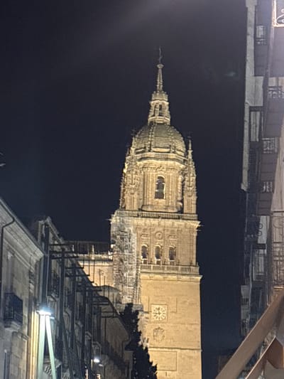 An upward-angled, nighttime photograph captures the illuminated dome and bell tower of the New Cathedral of Salamanca, Spain, centered against a dark, featureless sky. The cathedral's stone structure, rendered in warm beige tones by artificial light, features a prominent octagonal bell chamber surmounted by a green-tiled dome and a tall, slender spire. Multiple arched windows and balustrades are visible on the tower's upper sections. A square clock face with Roman numerals is present on a lower, unadorned section of the tower. The lower-left portion of the tower displays scaffolding or protective netting. To the left, a multi-story building with balconies is partially visible, illuminated by a bright, vertical street light fixture. To the right, another dark, multi-story building with balconies and windows runs vertically along the frame's edge, partially obscured by a dark, angled structure in the lower right foreground. No individuals are discernible in the scene.