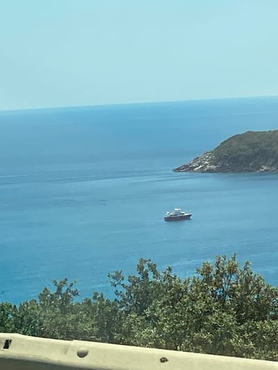 An elevated, eye-level, medium shot captures a wide expanse of azure ocean beneath a pale blue sky. In the mid-distance, a white and dark-colored motor yacht navigates the tranquil waters. The yacht is positioned centrally in the frame, off to the left of a verdant, tree-covered headland that juts into the sea from the right. The headland appears to have some scattered white structures on its slopes. In the foreground, a light-colored concrete barrier runs horizontally across the bottom of the image, partially obscuring lush green foliage that grows above it. The scene suggests a coastal view near Seoce, Montenegro, characterized by clear water, a sunny day, and natural coastal topography.