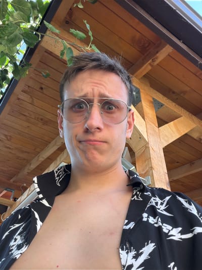 A close-up, low-angle selfie shows a young man with short, dark hair and a bewildered expression. He is wearing large, round, silver-rimmed glasses and a black short-sleeved shirt with a white abstract pattern. The background consists of a wooden structure, possibly part of an outdoor gazebo or patio cover, with visible wooden beams and planks. Green leaves from a tree hang from the upper left corner, suggesting an outdoor setting. The lighting indicates it is daytime. There are no other people or significant objects visible in the frame. The scene is likely in Bozhurishte, Bulgaria, given the context of the request.