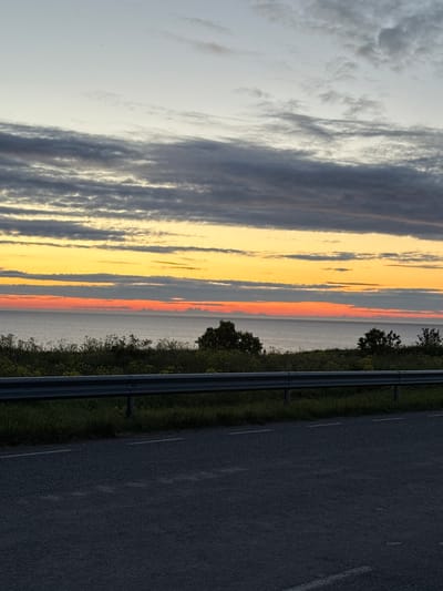 The image depicts a serene coastal landscape at dusk in Paldiski, Estonia. The scene is dominated by a gradient of colors in the sky, transitioning from a pale blue at the top to vibrant orange and red hues near the horizon, suggesting the sun has recently set. Scattered clouds are visible across the sky, with darker, heavier clouds in the upper portion and lighter, wispy clouds lower down.

Below the sky, a calm body of water, likely the Baltic Sea, stretches across the frame, meeting the horizon. The water reflects the colors of the sky, creating a soft, luminous effect. Along the shoreline, a strip of vegetation consisting of grasses and some flowering plants is visible, with a few trees dotting the landscape. The vegetation appears lush and green, indicating a favorable growing season.

In the foreground, a paved road is present, with dashed white lines marking its lanes. A metal guardrail runs parallel to the road, separating it from the grassy embankment leading down to the vegetation and the sea. The guardrail is constructed of horizontal metal bars supported by vertical posts, a common safety feature on roadsides. The overall impression is one of tranquility and natural beauty, characteristic of a coastal environment. No people are visible in the image.