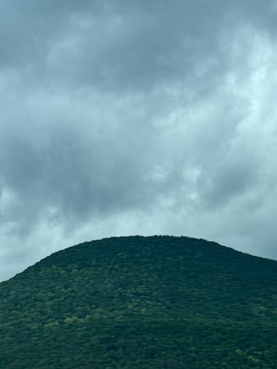 The image shows a cloudy sky occupying roughly half of the frame on the left side, contrasted with a steep, green, tree-covered hillside or mountain on the right. The lighting suggests overcast conditions. There are no discernible people, subjects, objects, actions, or interactions present in the image. The location in Mogila, Bulgaria, is not discernible from the image.