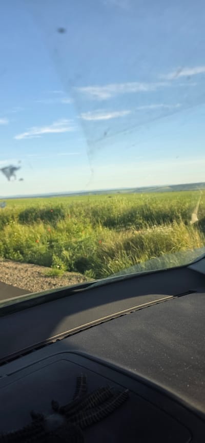 The view from inside a car. The sky is visible through the windshield with some clouds. A field of green grass is on the right, potentially outside Krushovo, Bulgaria. The interior of the car is visible, with parts of the dashboard and the edge of the window frame.