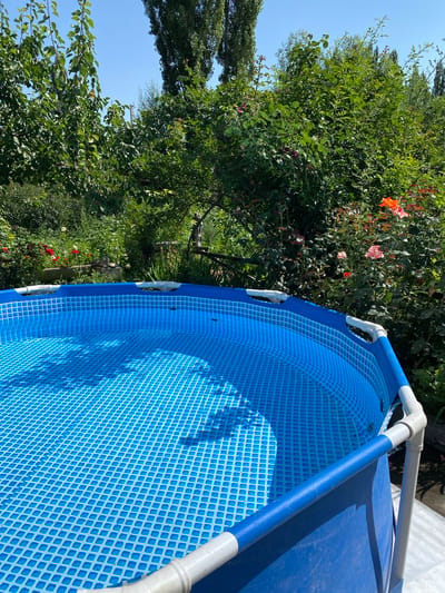 A bright blue, above-ground swimming pool with a white frame stands in a garden on a sunny day. The pool liner is a white grid pattern on a blue background. The pool is partially filled with water, reflecting the sky and surrounding greenery. Lush green trees and rose bushes with pink and orange flowers border the pool, creating a vibrant, natural backdrop. The sky is clear and blue, suggesting good weather. The scene is peaceful and evokes a sense of summer relaxation. No people are visible in the frame. The time of day appears to be late morning or early afternoon, given the bright sunlight and the shadows cast by the pool frame and trees. The location context suggests this is a residential garden in Myrza-Ake, Kyrgyzstan.