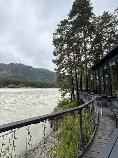 An outdoor seating area with tables and chairs is situated on a wooden deck next to a river. Tall pine trees line the edge of the deck, and a modern building with large glass windows is visible behind them. The river is wide and appears to be flowing rapidly, with a mountain covered in trees in the background. The sky is overcast. String lights are hung along the railing of the deck. The scene is likely in a natural, possibly mountainous, area of Russia, given the mention of Nizhnekayancha.