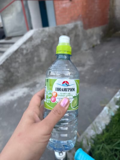A hand with pink-glitter nail polish holds a clear plastic bottle of "Pilgrim" brand water. The label on the bottle is green and white and features an image of mountains and a sun. Text on the label indicates the flavor is "lime and mint" and it contains vitamins B12, B6, and B9. The volume is listed as 0.5 L. The bottle is partially filled with a clear liquid. The background consists of a grey concrete structure, possibly stairs or a walkway, with some green grass visible on the right. The scene appears to be outdoors in an urban or semi-urban setting. The image does not contain specific landmarks to confirm the location within Gukovo, Russia.