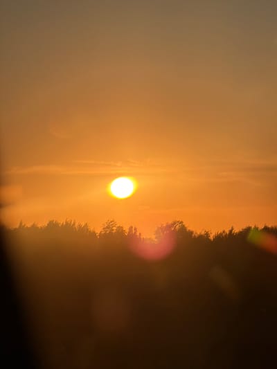 A low-angle, vertical view depicts a sun obscured by haze or smoke near Keŋ-Buluŋ, Kyrgyzstan. The sun is a bright, yellowish-white orb positioned somewhat off-center to the right of the frame. A faint, vertical streak of light extends downwards from the sun. The sky transitions from a lighter yellowish-orange in the area surrounding the sun to a darker, hazy brown or black towards the right side of the frame. A line of trees or vegetation is visible as a dark, irregular silhouette against the sky on the right edge. A lens flare appears as a reddish glow near the top right. The foreground is dark, suggesting the camera's position is low to the ground.