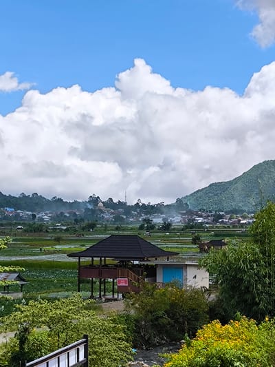 The image captures a scenic view in Sembalun Bumbung, Indonesia. In the foreground, a wooden pavilion with a black roof stands on stilts, adjacent to a small building with a blue door. Lush green foliage, including trees and flowering bushes with yellow blooms, fills the immediate foreground, partially obscuring a small stream.
The midground features rice paddies stretching towards a village nestled at the foot of a densely vegetated mountain. A mosque dome and minaret are visible within the village. The sky is filled with large, billowing white clouds against a clear blue backdrop. The overall scene depicts a tranquil landscape blending rural life with natural beauty.