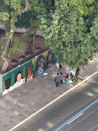 An elevated, downward-angled view captures an urban scene in Porto Alegre, Brazil, under bright daylight. The scene encompasses a multi-lane asphalt street, a grey tiled sidewalk, and a property boundary wall with an outdoor area behind it.

The street, in the lower portion of the image, is dark grey with a prominent solid blue line and multiple white dashed lines indicating traffic lanes. A white curb delineates the street from the sidewalk.

The sidewalk is paved with rectangular grey concrete tiles. Along the left side of the sidewalk is a long, dark green painted wall, approximately 2.5 to 3 meters in height. This wall features a large mural depicting several stylized human figures, predominantly women with Indigenous characteristics. From left to right, visible figures include a partial depiction of a dark-skinned individual in white, followed by a light-skinned figure with a red headband. The central and most detailed figure is a woman with intricate dark braided hair, a prominent headdress, and a blue globe depicted on her chest. To her right are two less detailed or incomplete figures with dark skin and dark hair. White objects, consistent with discarded painting materials or tools, are on the sidewalk directly in front of the central mural section. A black metal railing runs along the top of the wall.

Behind the wall is an outdoor area with a reddish-brown gravel ground, appearing to be an open-air café or restaurant. Multiple dark-colored tables and chairs are visible, along with string lights suspended between trees. Several large, mature trees with dense green foliage occupy this area and extend into the upper and right portions of the image, casting distinct shadows onto the sidewalk and street. One tree on the far left exhibits a gnarled trunk with cut branches.

Four adult males are present on the sidewalk. One individual, wearing light-colored clothing, stands near the central mural section, holding up a white flag or banner with a blue symbol. A white, multi-tiered stand is positioned near this individual. To their right, two other males stand together, viewed from behind, wearing dark and grey shirts respectively. Further right, a fourth individual is positioned near a large tree, alongside what appears to be a black motorcycle or scooter partially covered by white fabric, and several colorful bags. The individuals appear to be observing the mural or the surrounding area; no direct interactions between them are discernible.