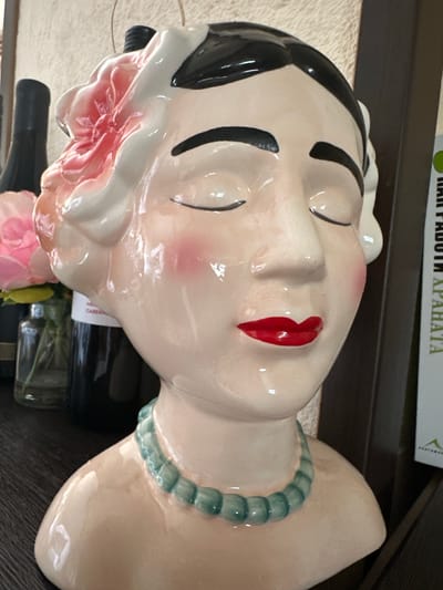 A close-up, eye-level shot depicts a decorative ceramic bust of a woman, presented as a still life arrangement indoors. The bust has a stylized design with fair skin tone, closed eyes, prominent black hair, and bright red lips with rosy pink blush on the cheeks. A light teal-colored beaded necklace encircles the woman's neck. A large, vibrant pink flower, resembling a rose, is positioned near the left side of her head, possibly integrated into the ceramic design or placed alongside it. The ceramic surface has a glossy finish.
In the background, two dark-colored bottles, likely wine bottles, are visible behind and below the bust; one label partially shows "CABER...", suggesting "Cabernet". Further back and above, a book or box with Cyrillic text is visible. The prominent text reads "КАК РАБОТИ ХРАНАТА", which translates from Bulgarian to "HOW FOOD WORKS". A smaller, unreadable text might also be present in the background. The scene is illuminated by natural light, suggesting it is daytime. The woman's face on the bust conveys a calm and serene expression. The setting is Rogozinovo, Bulgaria.