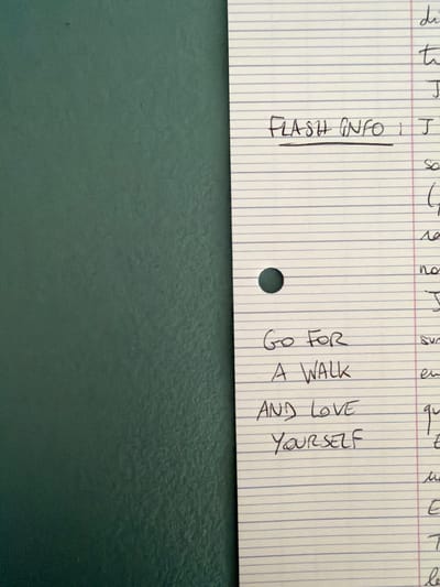 The image shows a piece of lined paper with handwritten notes. The top left says "FLASH INFO: J". Below and to the right, the paper has a sequence: "Go for A Walk AND LOVE YOURSELF"
The background is a dark green surface. The scene appears to be indoors.