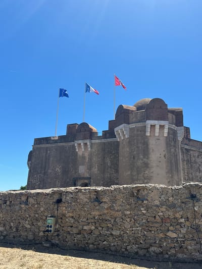 A low-angle shot shows the exterior of the Citadel of Saint-Tropez in Saint-Tropez, France, on a clear, bright day. Three flags fly from poles on the battlements: the European Union flag, the French flag, and a red flag with a white cross. The Citadel is a stone fortress with rounded towers and arched gateways. In the foreground, a low, rough-hewn stone wall runs across the frame, with an electrical box mounted on it, featuring several power outlets and an on/off switch. The ground in front of the wall is dry, sandy earth with sparse vegetation. The sky is a vibrant, cloudless blue.