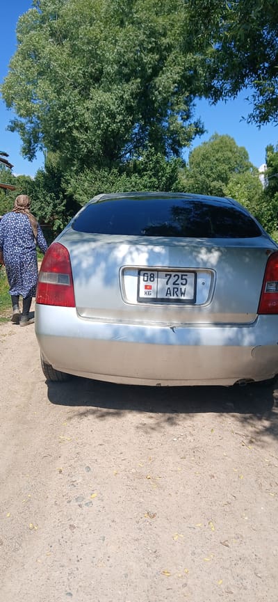 A person in a blue floral dress and headscarf stands next to the rear of a light-colored car. The car has a license plate that reads "08 725 ARW KG" with a Kyrgyz flag emblem. The scene is outdoors, with lush green trees and a bright blue sky visible in the background, suggesting a sunny day. The ground is a mixture of dirt and gravel, with scattered dry leaves. The car is parked on what appears to be a dirt road or lot. The image is oriented vertically, with the car and person at the bottom of the frame. The lighting and shadows indicate it is daytime. The overall atmosphere is casual and everyday.