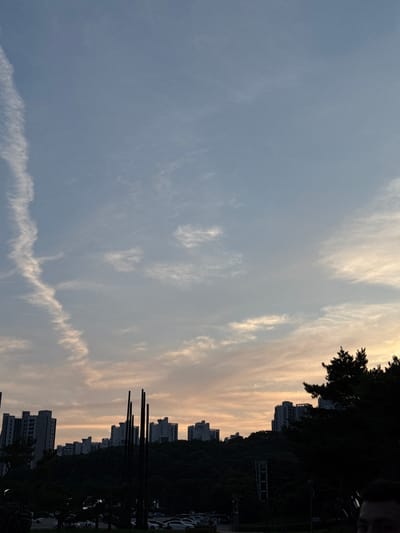 A landscape view captures apartment buildings silhouetted against a twilight sky in Ansan, South Korea. The sky is a gradient of soft blues and oranges, with wispy clouds and a distinct contrail stretching diagonally from the upper left. In the foreground, dark silhouettes of trees and tall poles obscure the view of a parking lot filled with cars. The apartment buildings are clustered on a wooded hillside.