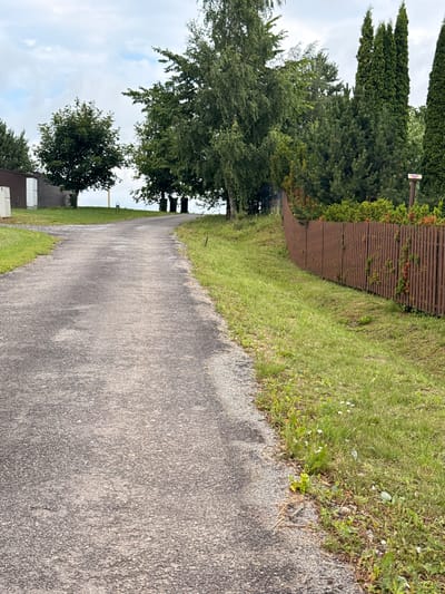 The image captures a view of a paved, upward-sloping driveway or road in Aukštieji Rusokai, Lithuania. The driveway is bordered on the right by a tall, reddish-brown wooden slat fence with some overgrown greenery. To the left of the driveway, there is a grassy slope. Further into the background, a cluster of various trees, including deciduous and coniferous varieties, are visible, along with a dark building with white elements on the left. The sky is overcast with a mix of clouds and some lighter patches. The environment suggests a rural or suburban setting.