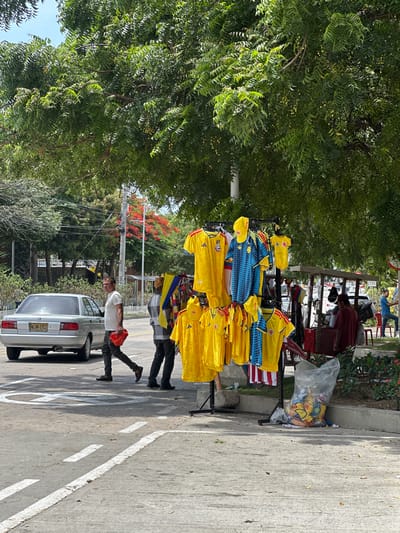 In the city of Barranquilla, Colombia, on a sunny day, a street vendor displays Colombian national soccer team jerseys for sale. The jerseys, predominantly yellow and blue, hang from a portable rack positioned near a sidewalk and a street. A silver sedan is parked on the street, and a man walks by carrying a red bag. In the background, lush green trees provide shade, and a few other individuals are visible near market stalls. The scene suggests a casual outdoor commercial environment within the urban perimeter.