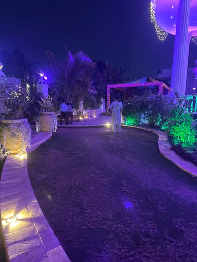 An outdoor nighttime scene in Vadodara, India, showcases a landscaped area illuminated by diverse colored lights. A curved stone pathway, fitted with recessed yellow ground lights, borders a dark green lawn in the foreground and along the left. Large, ornate planters containing foliage, some adorned with white string lights, line this pathway. In the left-middle ground, two individuals wearing dark clothing walk away from the viewer on a paved section, near a palm tree and a white decorative lamp post emitting purple light. A third individual, dressed in light-colored attire, walks away from the viewer in the central-right area of the lawn. Further back, a rectangular archway, decorated with yellow, blue, and pink fabric and floral elements, stands as a focal point. To the far right, a classical white column, part of a building structure, is draped with warm white string lights and illuminated by purple light. Surrounding bushes and shrubs along the right are highlighted by green spotlights. The sky overhead is dark, with ambient blue and purple light cast across the scene.