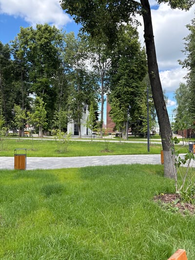 The image depicts a park area with lush green grass, a paved walkway, and numerous trees under a partly cloudy sky. A white building with arched doorways and a dark roof is visible in the background, flanked by trees. Several modern trash receptacles with wooden accents are placed along the walkway. A thick tree trunk occupies the right side of the frame, with branches extending upwards. The scene appears to be a well-maintained public space. This location is identified as a park in the city of Noginsk, Russia, specifically near the monument to the fallen soldiers and the Church of the Resurrection of Christ.