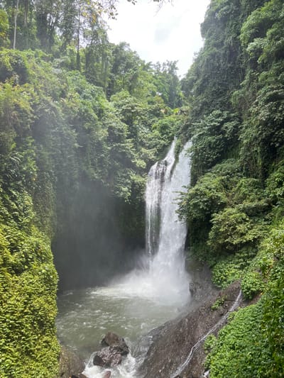 This image displays a multi-stream waterfall in a densely vegetated, tropical environment located in Ambengan, Indonesia. The central feature is the waterfall, where water cascades down a dark, steep rock face into a turbulent plunge pool at its base. The waterfall exhibits at least two distinct, powerful streams of white water, generating a significant mist cloud that obscures the immediate air around the impact zone.
The surrounding landscape consists of steep, verdant hillsides and rock formations completely covered in lush green foliage, including various trees, ferns, and vines. This dense vegetation forms a natural amphitheater around the waterfall, extending from the base of the falls upwards and out of frame. The water in the plunge pool is light green and agitated, with several dark rocks visible partially submerged and along the edges. The sky, visible at the top, is bright white, indicating daylight conditions. No human subjects, animals, or artificial structures are discernible within the frame.
