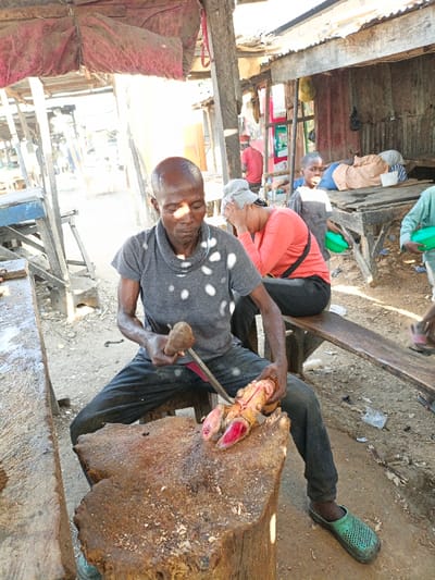 An outdoor market scene in Kofar Mazugal, Nigeria, is depicted under bright daylight. In the foreground, a dark-skinned adult male with short hair, wearing a grey short-sleeved top and dark trousers, is seated on a low stool. He is engaged in butchery, using a wooden mallet held in his right hand to strike a metal cleaver positioned in his left hand against a large animal limb. The limb, appearing to be a hoofed foot with prominent red-tipped hooves, rests on a substantial, weathered wooden chopping block, which exhibits blood residue and wood shavings. The man's feet are clad in green plastic clogs.
To the right of the central figure, a woman wearing an orange long-sleeved top and a light-colored head covering sits on a wooden bench, leaning forward with her left hand touching her forehead. Adjacent to her, a young boy in a dark grey t-shirt stands, holding a bright green bowl or container. A partial view of another individual holding a similar green bowl is visible further to the right.
The background reveals a bustling market environment with rudimentary structures. These include stalls constructed from wooden posts, corrugated metal sheets, and makeshift fabric awnings, notably a reddish fabric canopy in the upper left. A person is observed lying on a raised wooden surface within one of the corrugated metal structures. The ground throughout the scene is bare earth.