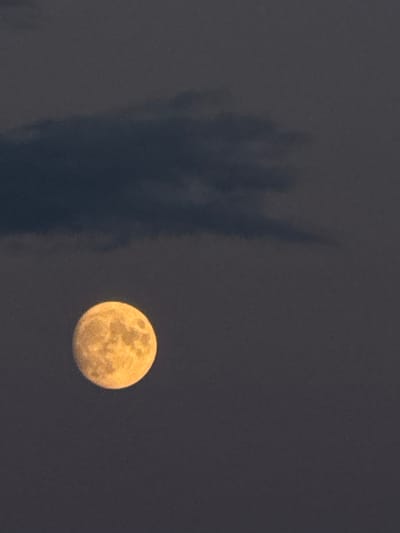 A full, pale yellow moon is visible in the dark sky, partially obscured by a wispy, dark cloud. The moon is located in the lower left quadrant of the image. The scene is dark, suggesting it is nighttime or twilight. There is no indication of the city of Bolgar, Russia in the image.