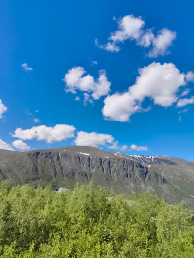 A medium shot captures a vibrant green forest in the foreground, lush and full of leaves, against a backdrop of a majestic, gray-brown mountain range. The mountain peaks are dusted with patches of snow, even in the presence of a bright, azure sky dotted with fluffy white clouds. The scene appears to be a natural landscape, likely in or near Kirovsk, Russia, given its mountainous terrain and clear weather conditions often observed in the region during warmer months. There are no people or animals visible in the image. A faint, building-like structure can be seen nestled within the lower slopes of the mountain, hinting at human presence within the otherwise wild environment.