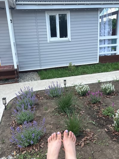 In Starokorsunskaya, Russia, a low-angle shot shows a woman's bare feet with painted toenails resting on the ground in the foreground. The feet are positioned to the right and bottom of the frame. Beyond the feet, a garden bed with mulch, green grass, and blooming purple and white flowers is visible. A light-colored pathway curves through the garden. In the background, a light gray, vinyl-sided building with a white-trimmed window and a white-railed porch with lace curtains is present. A dark brown wooden step leads up to a small red rug on the porch. The overall scene depicts a garden area adjacent to a residential building.