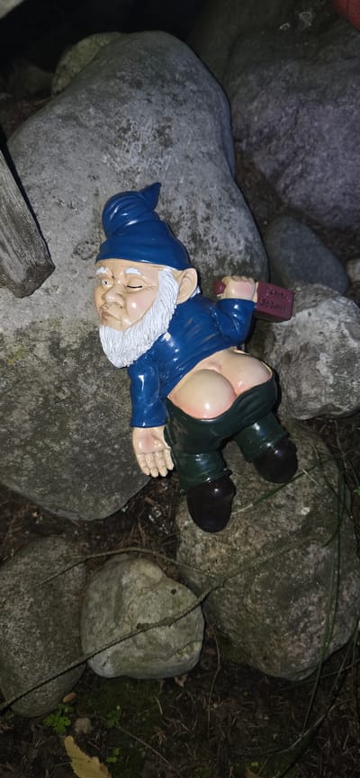 A garden gnome figurine is positioned among large rocks in what appears to be an outdoor setting, possibly a garden. The gnome is depicted in a humorous, slightly risqué pose, with its pants pulled down to reveal its buttocks. It is wearing a blue hat, blue jacket, and green pants, and its eyes are closed in an expression of amusement or contemplation. The gnome is holding a small, dark object in its right hand, which appears to be a miniature bottle or flask with the word "BOTTLE" and "GENIUS" partially visible on its side. The surrounding environment consists of large, weathered rocks and some dry leaves and grass. The lighting suggests it may be nighttime or a dimly lit area. The specific location in Электротехник Снт, Russia, is not discernible from the image itself.