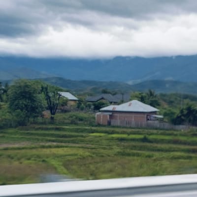 This is a landscape image depicting a rural or semi-rural scene in Keureuweungkrueng, Indonesia, under an overcast sky.
In the foreground, a blurry white and grey railing or barrier runs horizontally across the bottom of the frame, suggesting the photo was taken from a moving vehicle or an elevated position. Immediately behind this, lush green terraced fields, likely rice paddies, stretch across the midground, showing varying shades of green and some brown patches, indicating cultivation.
Scattered within the midground are several houses with sloped roofs, nestled among abundant green trees and foliage. One prominent house on the right has reddish-brown walls and a grey roof, with simple, functional architecture. Further back and to the left, another house with a light-colored roof is partially visible.
The background is dominated by a range of mountains, appearing hazy and blue due to distance and atmospheric conditions, possibly mist or rain. The sky above is heavily clouded, with thick grey and white clouds covering the entire upper portion of the frame, contributing to the soft, diffused lighting and suggesting either a rainy day or an impending storm.
No people are visible in the image, and there is no discernible activity taking place. The scene conveys a sense of tranquility and natural beauty, characteristic of a rural Indonesian landscape. No visible text is present.