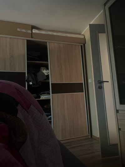 The image shows an interior view, potentially within a residential building in Břeclav, Czechia, given the location specification. The main subject is a closet with sliding doors, which appears to be partly open, revealing its contents. Clothes are visible inside the closet. The closet is made of a wood-like material with dark vertical accents. To the left of the closet stands a cardboard box. The top of the image shows another part of the building's architecture, likely another cabinet or shelf structure. A large patterned blanket partially obscures the view in the foreground on the right. No people are visible in the image.