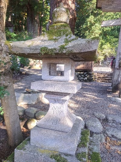 The image displays a weathered, multi-tiered stone lantern (tōrō) situated in a gravel and stone environment. The gray stone lantern, its top canopy, conical finial, and base heavily covered in green moss, stands prominently. Its square light chamber features a dark rectangular plaque or object visible inside. The curved pedestal section of the lantern bears carved Japanese characters, including "悌", and additional numerical inscriptions. To the left of the lantern, a slender tree trunk rises. The ground is composed of light gray gravel interspersed with large, rounded natural stones. In the background, a dense grove of tall coniferous trees is visible, along with a small wooden structure featuring a dark roof. On the far right, a weathered stone torii gate post partially frames a flight of stone steps ascending into the background. A single individual, viewed from behind, wearing dark clothing and carrying a red backpack, is ascending these steps. The scene is illuminated by natural sunlight, casting distinct shadows. This setting is located in Shirakawa, Japan, within a traditional shrine or temple precinct.