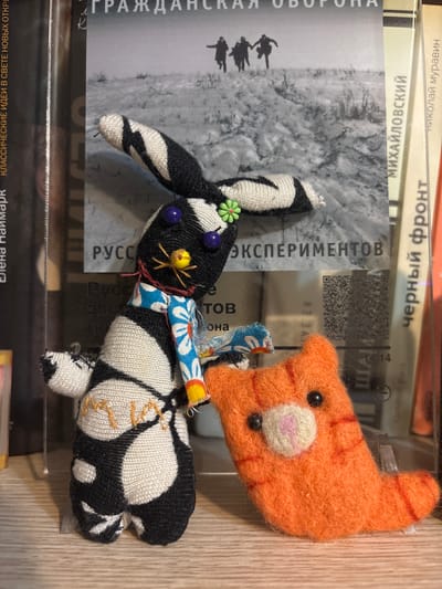 The image shows two handmade plush toys, a black and white rabbit and an orange cat, sitting on a wooden surface, likely a shelf. Behind the toys, there is a book cover with a black and white photograph of silhouetted figures walking in a snowy landscape. Text in Cyrillic script is visible on the book cover and on the spines of other books stacked to the right. One of the book spines reads "МИХАЙЛОВСКИЙ" and another "черный фронт." There is also a QR code visible on the book cover. The lighting suggests an indoor environment. The image does not contain any information that can be used to determine its location in the city of Otradnoye, Russia.