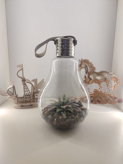 The image displays a still life arrangement on a white surface against a white background. The central focus is a clear glass bottle shaped like a lightbulb, containing smooth, dark river stones and a small artificial plant with green and pink foliage. The bottle has a silver screw-on cap with a dark brown leather loop attached. To the left of the bottle is a wooden model of a sailboat, and to the right is a golden figurine of a horse standing on a pile of coins. The lighting is bright, casting subtle shadows. The location in Chuy, Kyrgyzstan, is not discernible from the visual information provided.