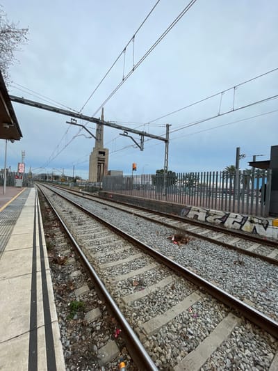 This vertically oriented image captures a detailed view of a train station platform and railway tracks in Sant Adrià De Besòs, Spain, under an overcast sky. In the foreground and mid-ground, two main sets of railway tracks are visible, consisting of steel rails laid on concrete sleepers embedded in gravel ballast. Litter and debris, including cigarette butts and general refuse, are scattered on and beside the tracks.
Above the tracks, a network of overhead catenary lines is supported by metal poles and structures, extending into the distance. To the right, a concrete station platform runs parallel to the tracks, featuring textured paving and prominent black warning lines along its edge. No people are present on the platform or near the tracks.
On the left side of the tracks, a metal picket fence separates the railway line from an area with palm trees and other vegetation. A concrete wall or barrier behind this fence bears stylized graffiti, which appears to spell "FRESH" or a similar word. In the distant background, a tall, multi-tiered building with distinctive architecture stands near the railway. An orange rectangular sign and a smaller red sign are visible along the tracks further down, though their text is illegible. The sky is a uniform, pale gray, indicating a cloudy or overcast daytime. The scene portrays a functional but currently quiet railway environment.