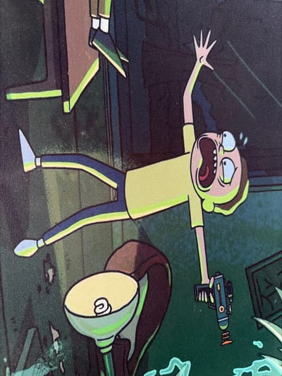 The image depicts a cartoon illustration, likely a still from an animated show. In the center, a character resembling Morty Smith from Rick and Morty is shown in a distressed state, falling and screaming with his mouth agape. He is wearing a yellow shirt and blue pants with green trim. His right arm is outstretched, and his left hand is holding a ray gun-like device. His legs are splayed out, with his feet pointing upwards. In the foreground, a white, toilet-bowl-shaped object with a green base is visible. The background is dark and somewhat abstract, with hints of structures and what appears to be water or mist. There is no indication of the city of Mirnoye, Ukraine, or any real-world location.