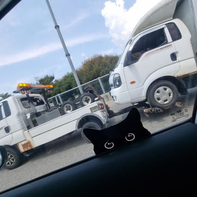 The image captures a roadside scene, likely in Ucheon-myeon, South Korea, with two white tow trucks. The truck in the foreground is a flatbed tow truck with a detached wheel assembly loaded on its bed. A second white tow truck, a larger model with a raised cabin, is positioned behind it, seemingly being towed or prepared for towing.

Both trucks appear to be in operational condition, though the truck in the foreground shows some signs of rust. The scene takes place on a paved road, bordered by a guardrail and lush green trees and vegetation. The sky is partly cloudy, indicating daytime.

A black sticker shaped like a cat's head with white cartoonish eyes is affixed to the interior of the vehicle from which the photo is taken, partially obscuring the view of the tow trucks. The cat sticker has a playful, somewhat eerie appearance due to its placement and design.

One of the trucks displays Korean license plates, and the text "1 TON BONGO III" is visible on the side of the larger truck, indicating its model and capacity. The overall impression is a typical roadside assistance scenario, possibly on a highway or major road.