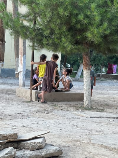 The image depicts an outdoor scene with several children interacting near a tree and a concrete structure. Three children are the primary focus in the foreground, with one boy in a brown outfit and a yellow shirt, and a girl wearing glasses and a white shirt. A third child in a purple shirt and black shorts is partially visible. They appear to be engaged in some activity, possibly playing or helping with something on the concrete ledge. Behind them, another child is lying down or stretching against a tree trunk.
The setting appears to be a yard or an outdoor communal area, with a large pine tree dominating the left side of the frame. The ground is rough and appears to be a mix of dirt and gravel. In the background, there are some structures and laundry hanging, suggesting a residential or communal living space. The time of day appears to be daytime, with bright lighting casting shadows. The weather seems to be warm and sunny. There are no discernible text elements in the image. The overall atmosphere suggests a casual, everyday scene of children at play in a somewhat rustic environment. The crops provided offer closer views of the pine tree's needles, the children's faces and clothing, and the texture of the concrete ground.
