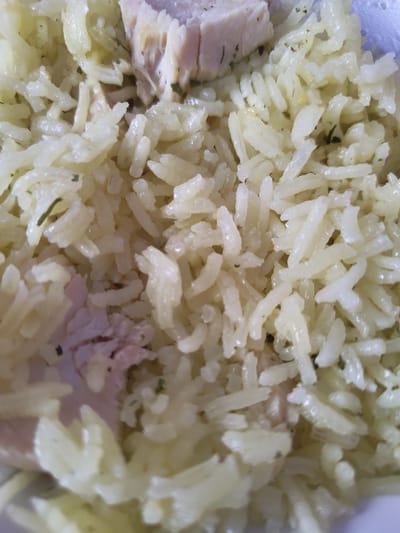 A close-up, overhead shot shows a serving of rice with pieces of cooked chicken. The rice is a pale yellow, with some visible herbs mixed in. The chicken is white and appears to be shredded or in small chunks. The image is tightly cropped, focusing on the food itself, with no discernible background or environmental details. The location in Pletena, Bulgaria is not evident from the image.