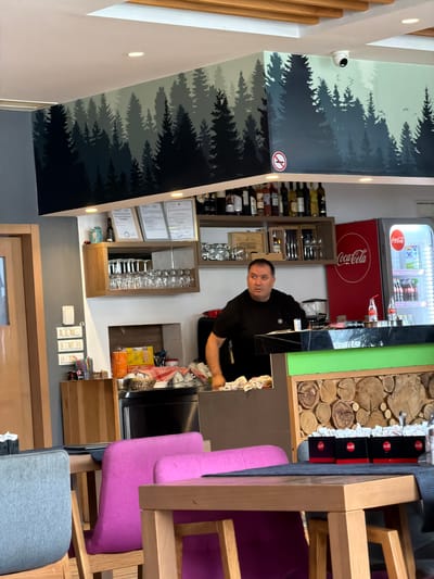 This media file depicts the interior of a restaurant or cafe, likely located in Trnovo Municipality, Bosnia and Herzegovina. The scene is characterized by a modern, rustic aesthetic, with a prominent wall mural of a dark forest.
The primary subject is a man, presumably an employee, standing behind a counter and engaged in activity. He is wearing a black t-shirt and appears to be working. Several objects are visible around him and within the establishment. These include shelves stocked with bottles of wine and other beverages, glassware, a Coca-Cola refrigerator, and a display of chopped wood on the wall, adding to the rustic ambiance. Pink and gray upholstered chairs are also visible, suggesting seating for patrons.
The lighting in the image is artificial, with recessed lights illuminating the ceiling and the various sections of the establishment. There is no indication of the time of day or weather conditions.
Visible text includes "Coca-Cola" logos on the refrigerator and on some packaging, as well as what appear to be certificates or documents displayed on a shelf. A small circular red and white sticker with a diagonal line through a cigarette symbol, indicating "no smoking," is also visible on the wall. The overall impression is that of a functional service establishment.