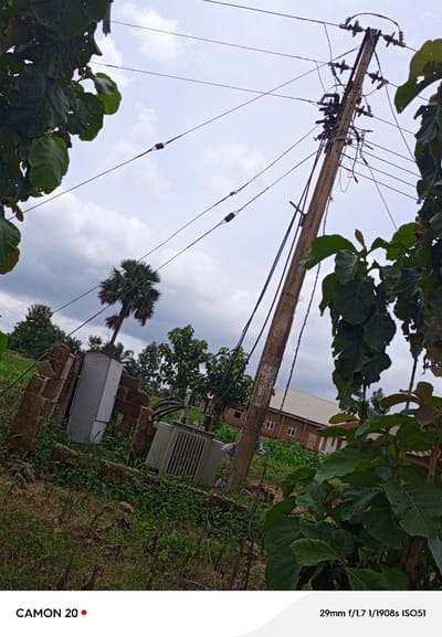 In Kaninkon, Nigeria, a concrete utility pole with numerous electrical wires and insulators stands prominently in the frame, angled towards the right. Electrical transformers and a grey metal box are visible at the base of the pole, situated amongst overgrown grass and vegetation. Behind these electrical components, a building with a light-colored roof and brown walls, featuring multiple windows, is partially obscured by trees and foliage. A distinctive palm tree with a wide crown of fronds is seen to the left of the utility pole, against a cloudy sky. The overall scene depicts an outdoor environment, likely a rural or semi-rural area, with evidence of electrical infrastructure and residential or community buildings.