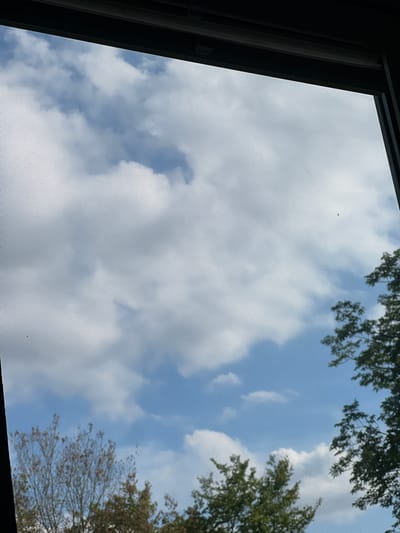 The image shows a view of the sky through a window screen. The sky is blue with scattered white clouds. Trees are visible at the bottom of the frame. There are no people or specific landmarks visible to determine the location in Neumünster, Germany. The perspective is from inside looking out.