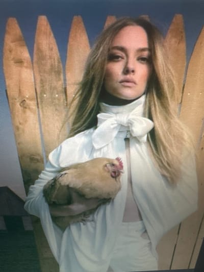 In this media file, a young woman with long blonde hair is lying down, holding a light brown chicken. She is wearing a white garment that appears to be a dress or a cape, tied at the neck with a large bow. The woman's face is visible, and she has a neutral expression. The chicken is held close to her chest, with its head and neck visible.
The woman is lying on a surface composed of wooden planks, arranged parallel to each other. The planks have a rustic appearance, suggesting an outdoor setting or a barn-like structure. The background is a muted blue, possibly indicating a sky or a backdrop. The lighting suggests it might be daytime, though the exact time of day is difficult to determine.
The overall scene conveys a sense of quietude and a connection with nature, given the presence of the woman and the chicken. The composition is vertical, with the woman's head towards the left and her feet, though not fully visible, extending towards the right. The crops provided offer closer views of the woman's face, the chicken, and the wooden planks, confirming the details of the subjects and the setting. No visible text is present in the image. The provided location context suggests Protasovo, Russia, which could imply a rural or agricultural setting.