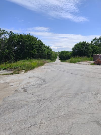 The image depicts a deteriorated asphalt road stretching into the distance. The road surface is heavily cracked and shows signs of wear and patching. Vegetation, including trees and tall grass, lines both sides of the road. In the foreground, the road is wide, narrowing as it recedes into the distance. A stack of red bricks is visible on the right side of the road near the edge of the frame. The sky is blue with scattered clouds. The location is Kostadinkino, Bulgaria, as stated in the prompt.