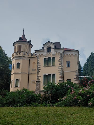 The image shows a pale yellow villa with a conical red-tiled roof and crenelated battlements, situated amidst lush green trees and a manicured lawn. The villa features a cylindrical tower on the left, with arched windows and decorative horizontal banding. The main facade has a central section with three arched windows on the upper level and two on the lower, framed by stone accents. To the right, the building continues with a section featuring a single square window. In the foreground, vibrant green bushes and flowering plants, including pink plumes and red blossoms, add color to the scene. The sky is overcast, suggesting a diffused light. The architectural style appears to be eclectic, possibly neo-Gothic or Romantic. This villa is located in the town of Levico Terme, Italy.