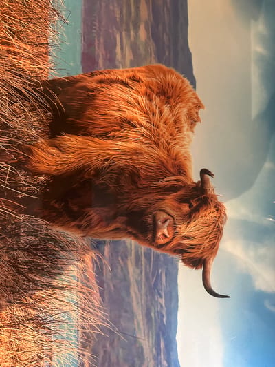 The image displays a close-up of a highland cow's shaggy, reddish-brown fur against a blurred background that resembles a landscape with hills and a sky. The cow's face is visible, featuring its characteristic long hair covering its eyes, a wet nose, and a single, curved horn. The lighting suggests an outdoor setting, possibly during daylight, as indicated by the soft illumination on the fur and the bright sky in the background. The composition is a vertical shot, focusing on the texture and density of the cow's coat. There are no discernible elements to place this image within the city of Oldemarkt, Netherlands.